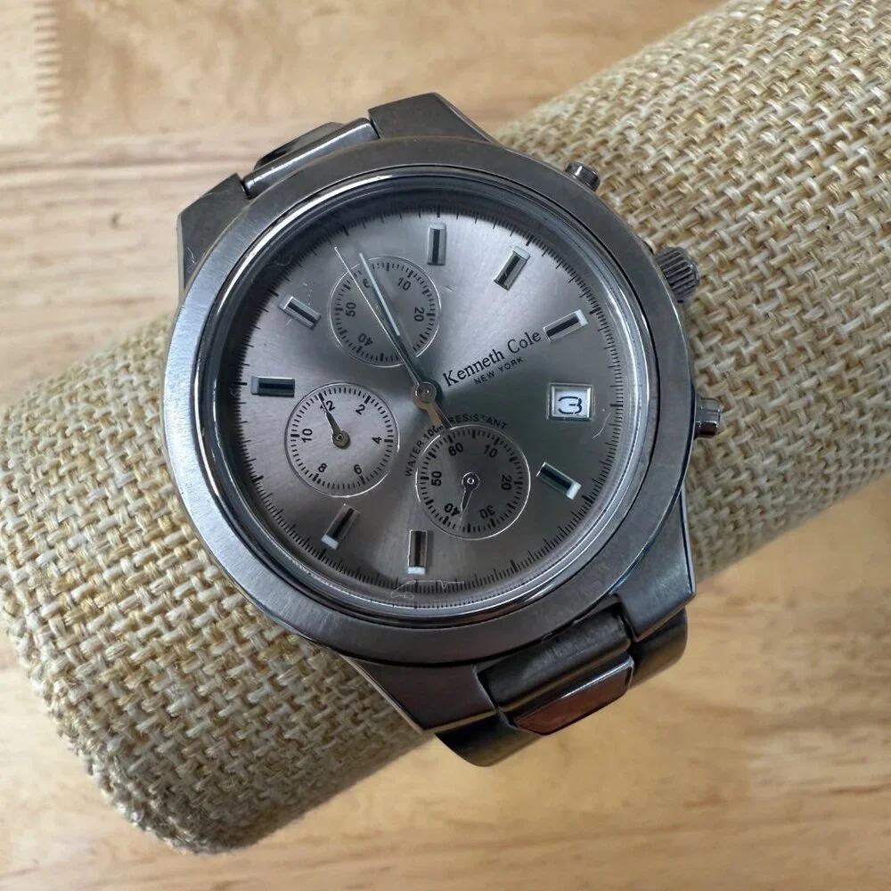 Kenneth Cole Mens Stainless Steel Chronograph Watch Silver Needs Battery